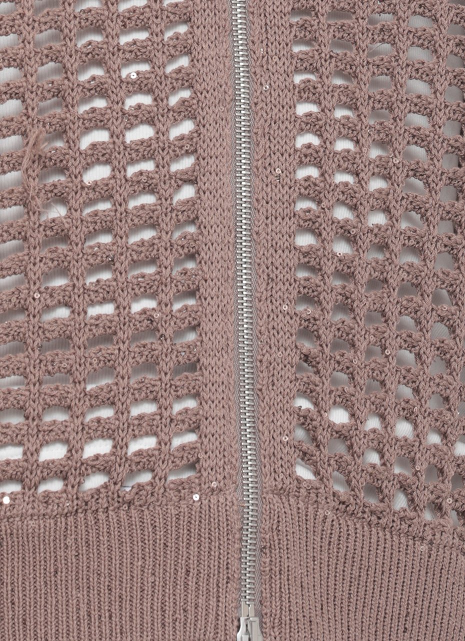 Peserico Brown Perforated Sequin Zip Cardigan Bruin