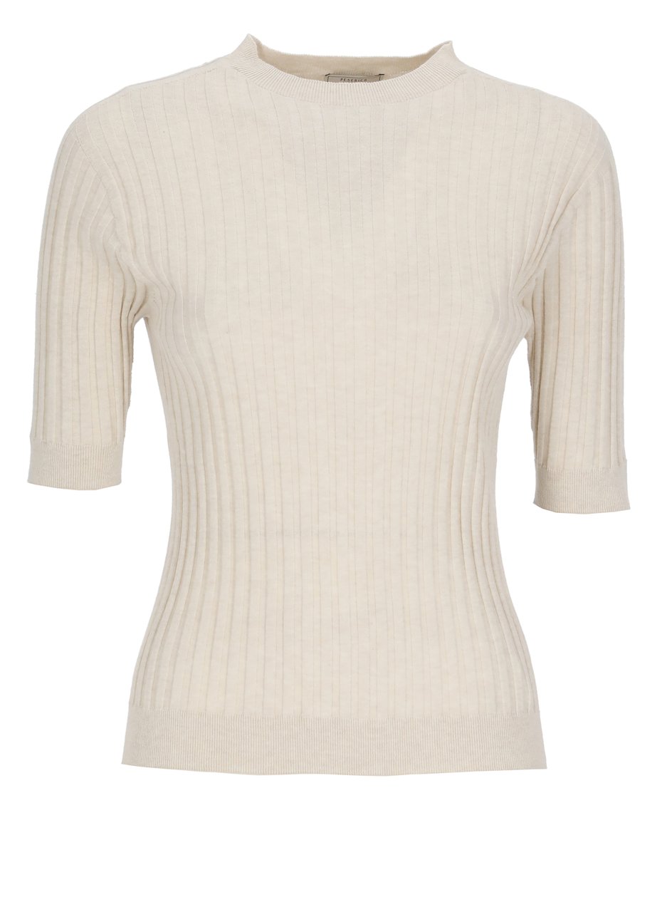 Peserico Beige Ribbed Pattern Cotton Knit Top Neutraal
