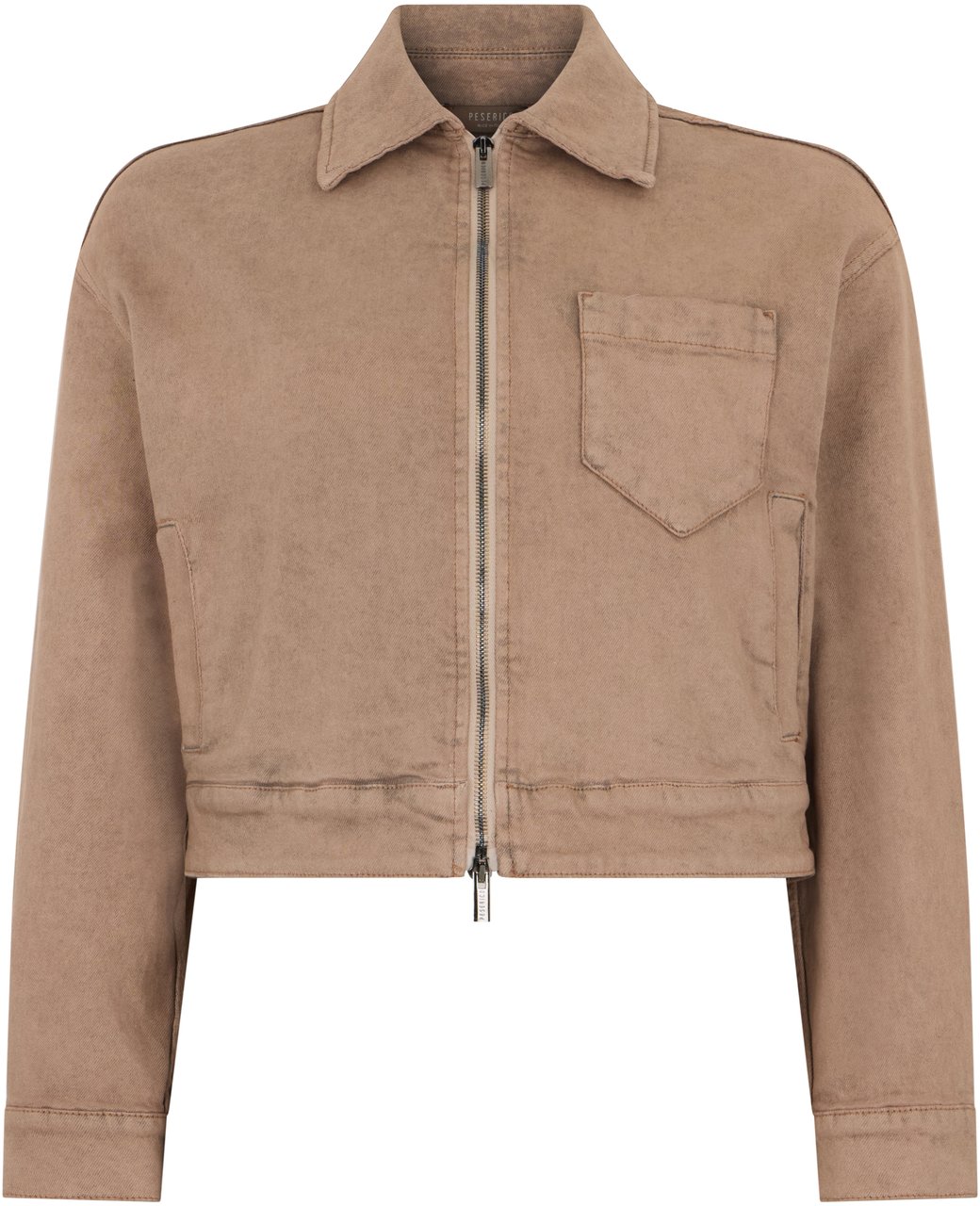 Peserico Brown crop jacket in denim with versatile design. Bruin