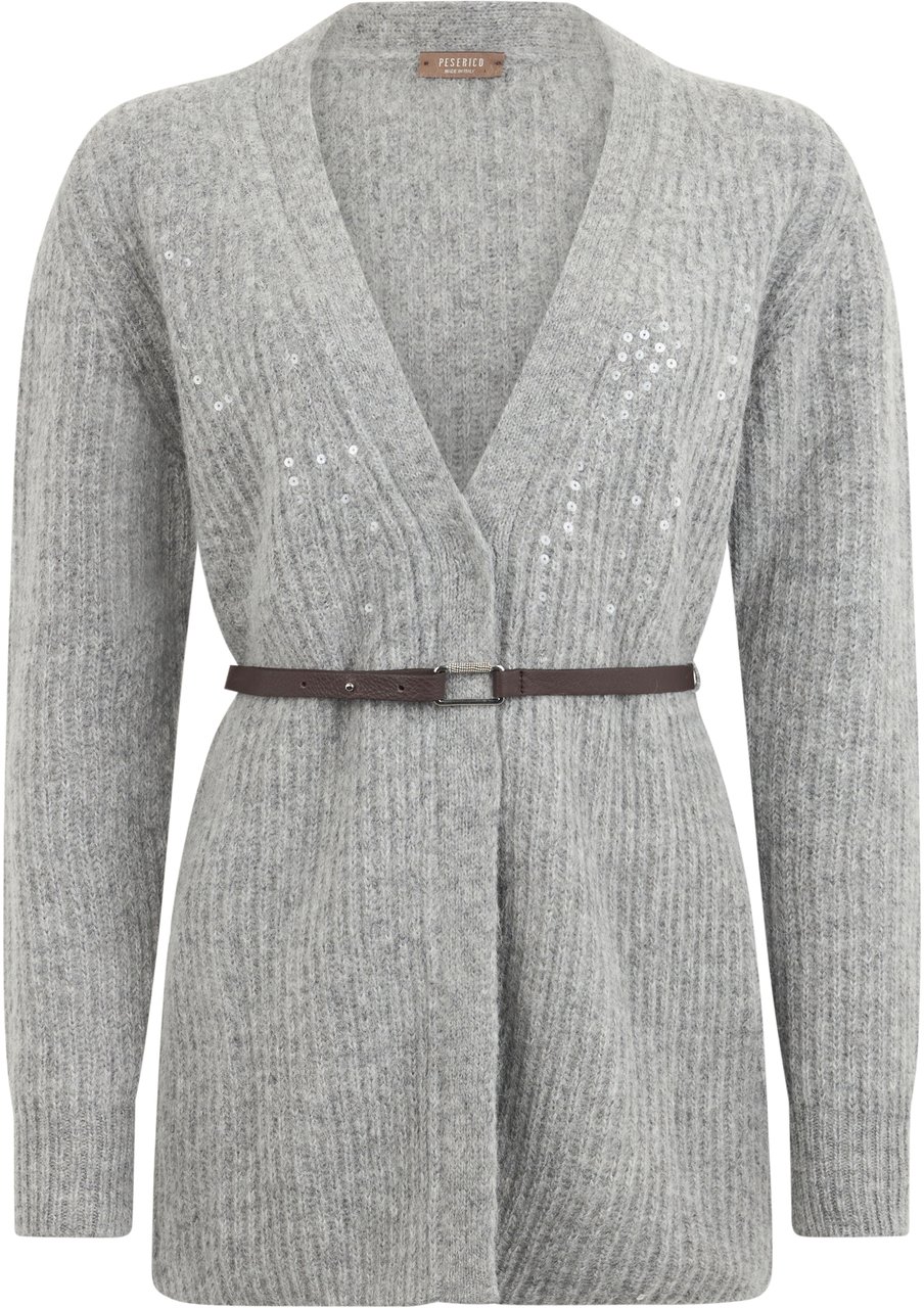 Peserico Gray cardigan with brown belt from minimal and elegant design. Grijs