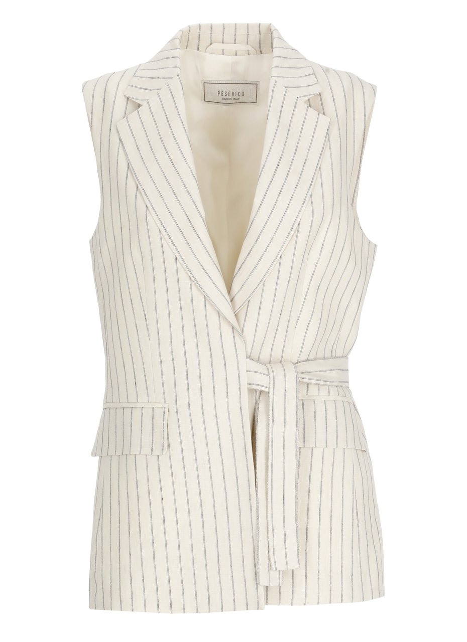 Peserico Beige Striped Linen Drawstring Gilet Wit