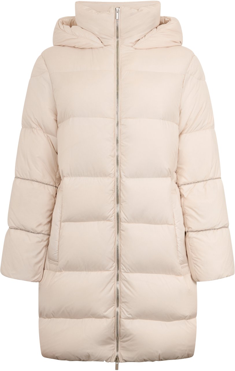 Peserico Oversized beige padded coat with hood, minimal and chic. Wit