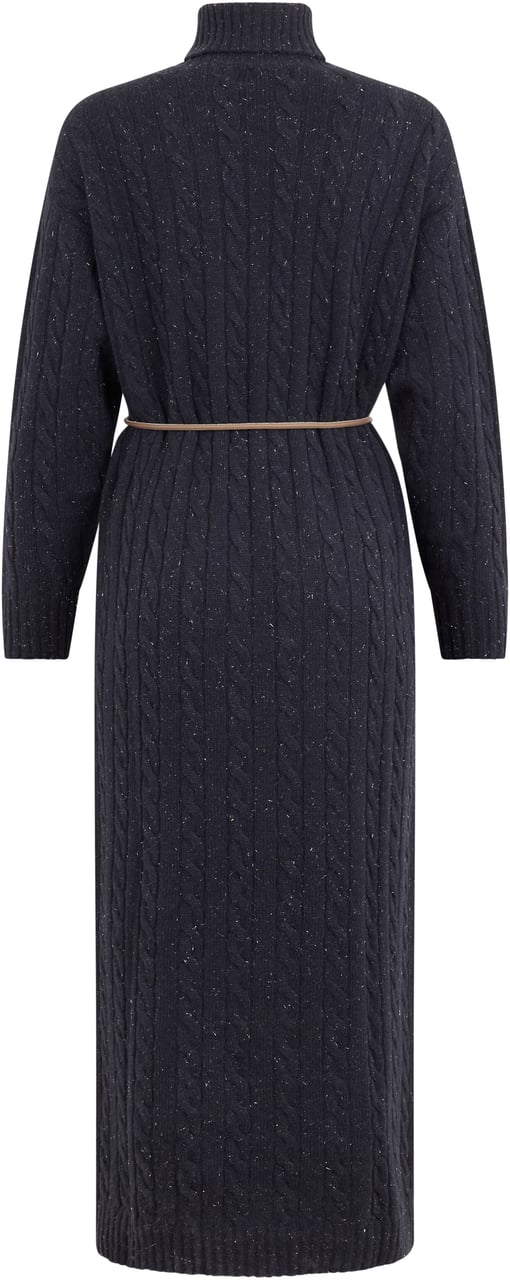 Peserico Long knitted dress with elegant design, belt, and high collar. Blauw
