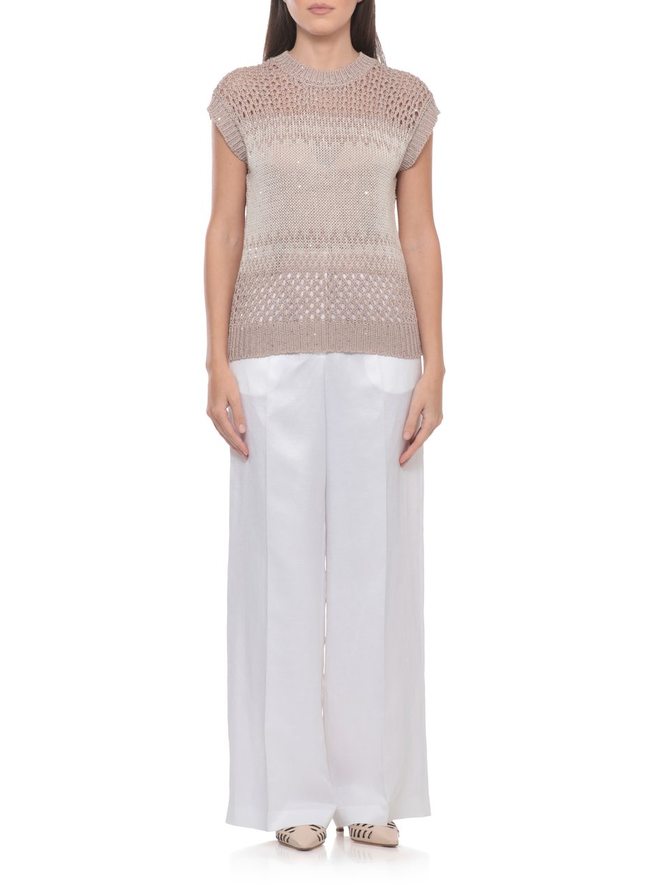 Peserico Ivory Cotton Sequined Perforated Knit Top Neutraal