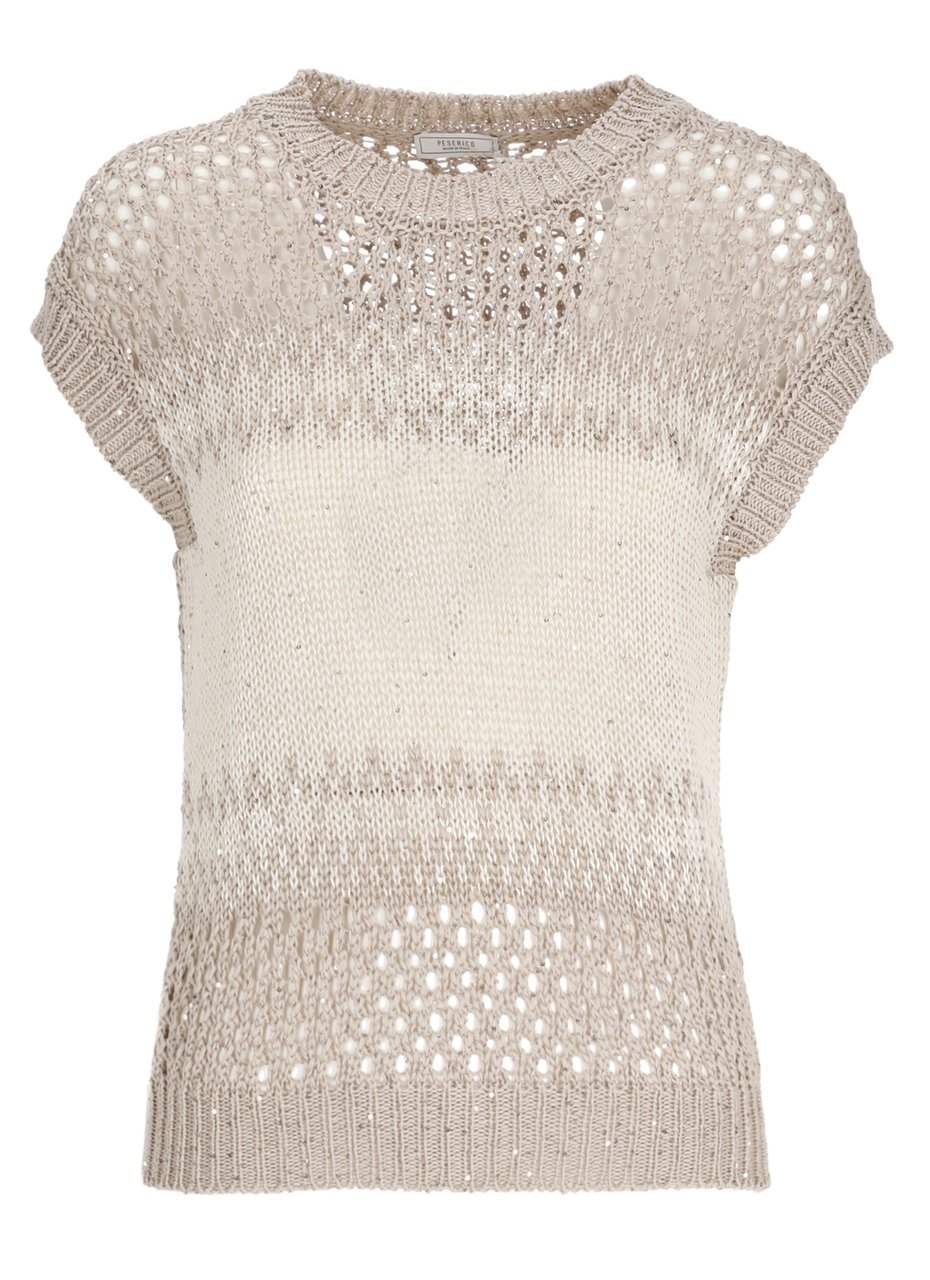 Peserico Ivory Cotton Sequined Perforated Knit Top Neutraal