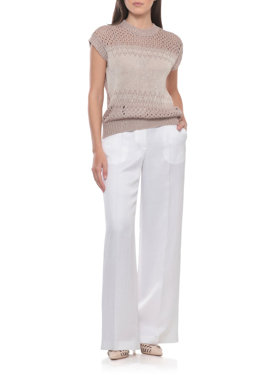 Peserico Ivory Cotton Sequined Perforated Knit Top Neutraal