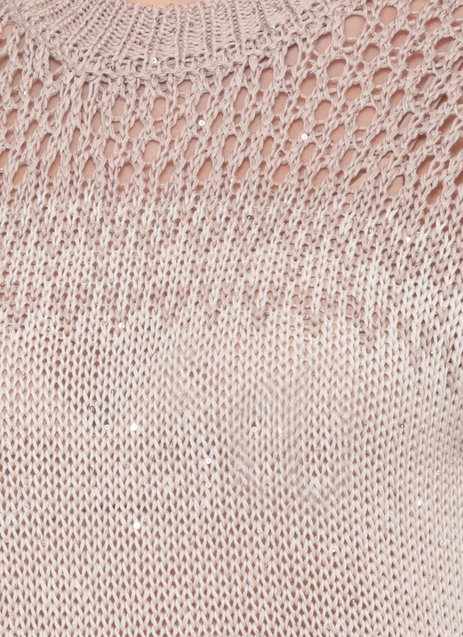 Peserico Ivory Cotton Sequined Perforated Knit Top Neutraal