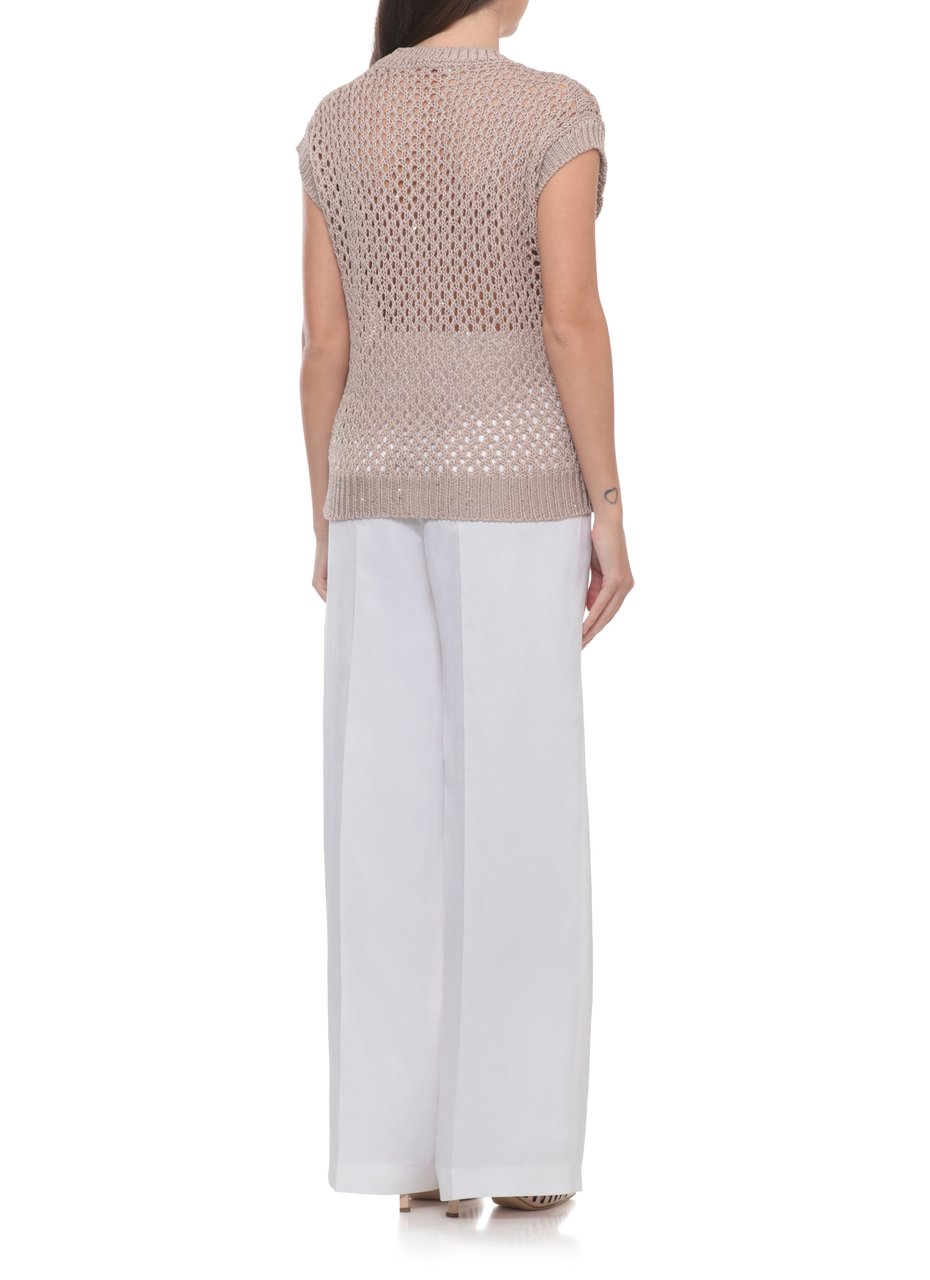 Peserico Ivory Cotton Sequined Perforated Knit Top Neutraal