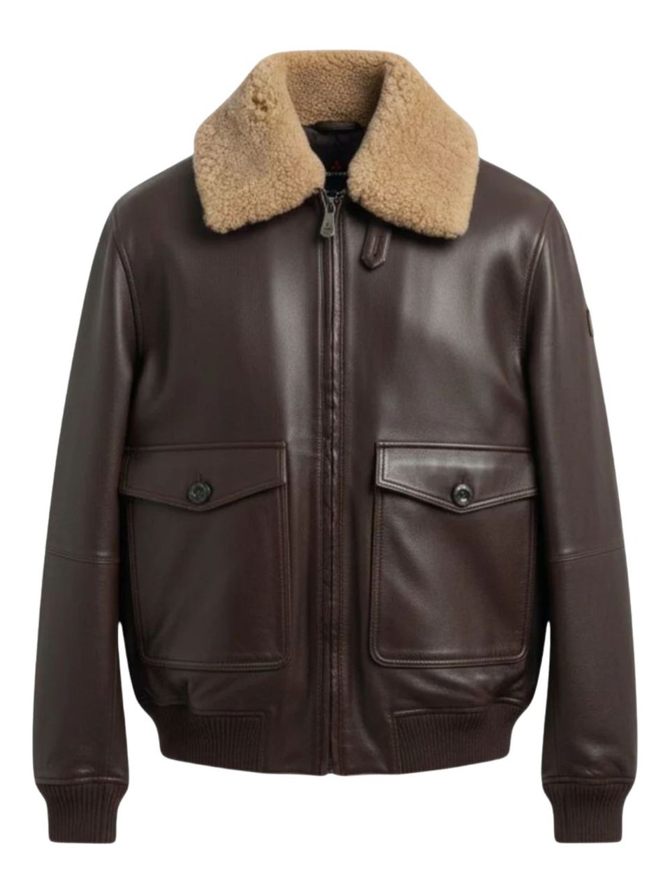 Peuterey Brown Leather Jacket With Shearling Collar And Ribbed Details Zwart