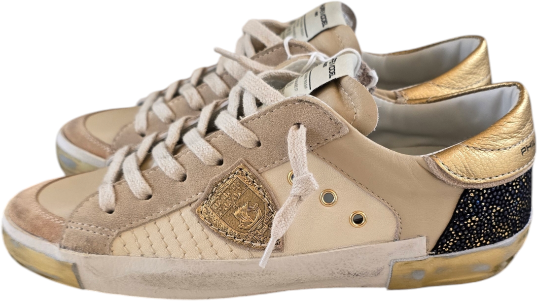 Philippe Model Baskets sneakers Paris cuir écru spoiler gold galucha navy Philippe Model femme PRLD XPM1 Divers