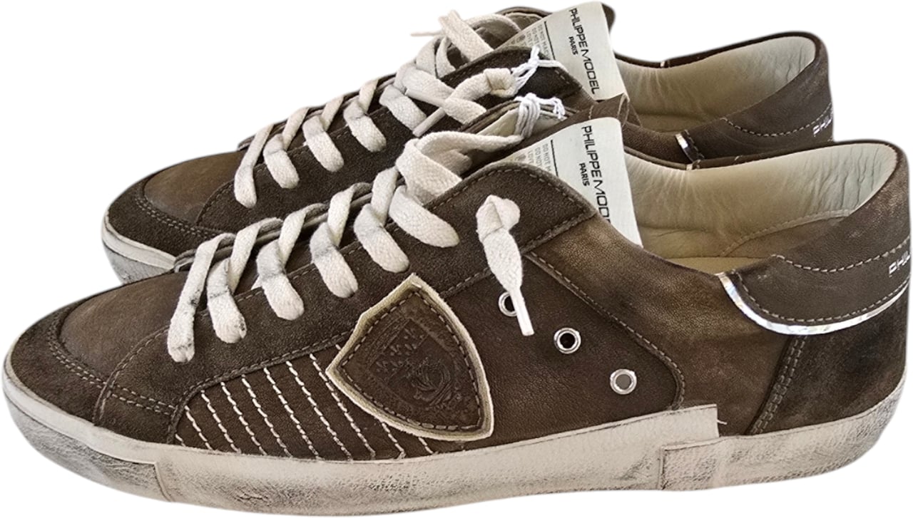 Philippe Model Sneakers cuir vieilli taupe vert Paris low Philippe Model Homme baskets PRLU XP10 Bruin