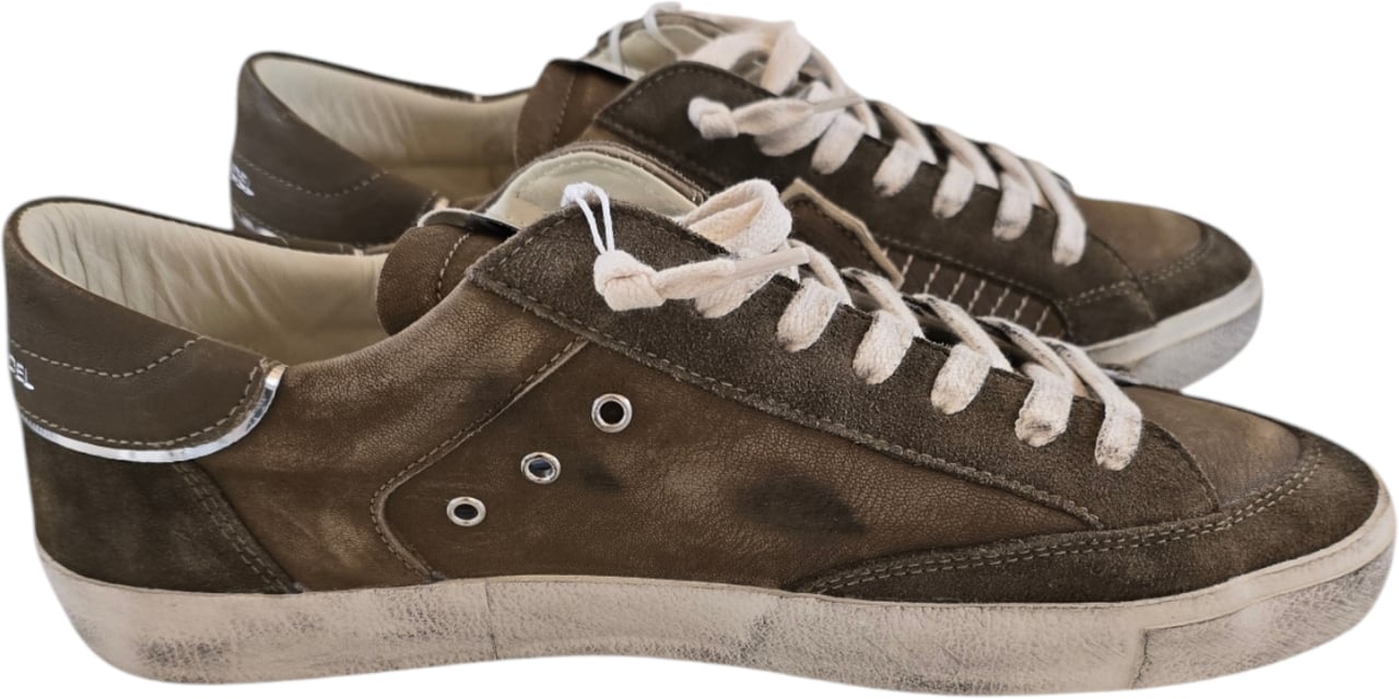 Philippe Model Sneakers cuir vieilli taupe vert Paris low Philippe Model Homme baskets PRLU XP10 Bruin
