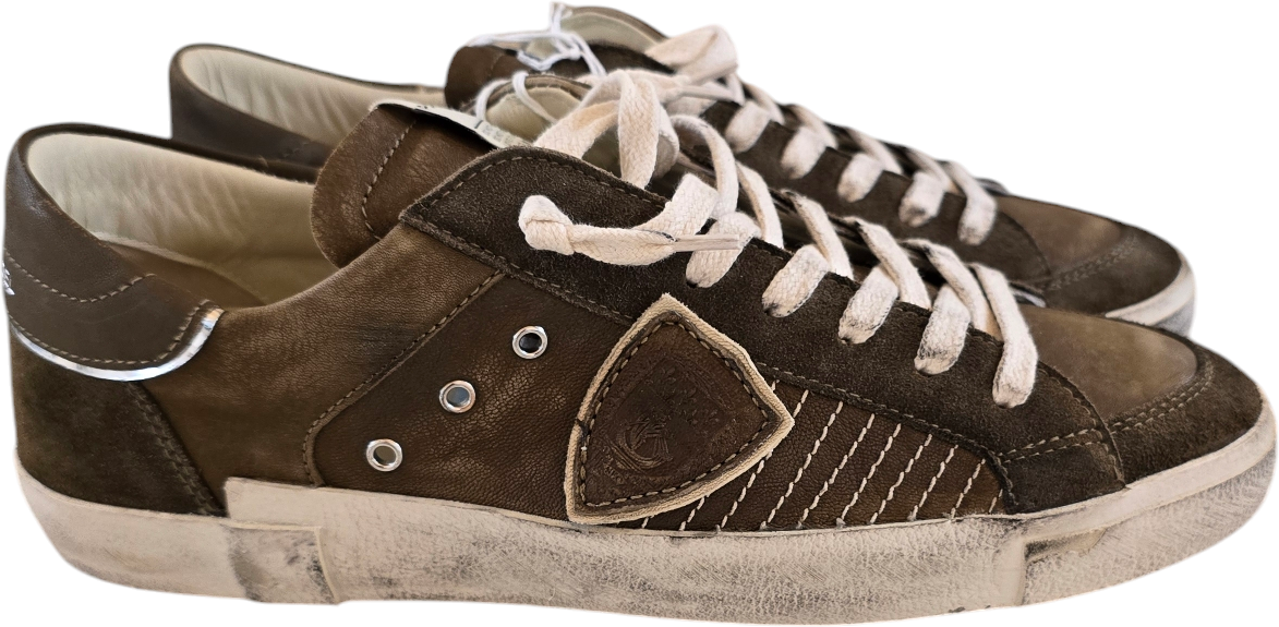 Philippe Model Sneakers cuir vieilli taupe vert Paris low Philippe Model Homme baskets PRLU XP10 Bruin