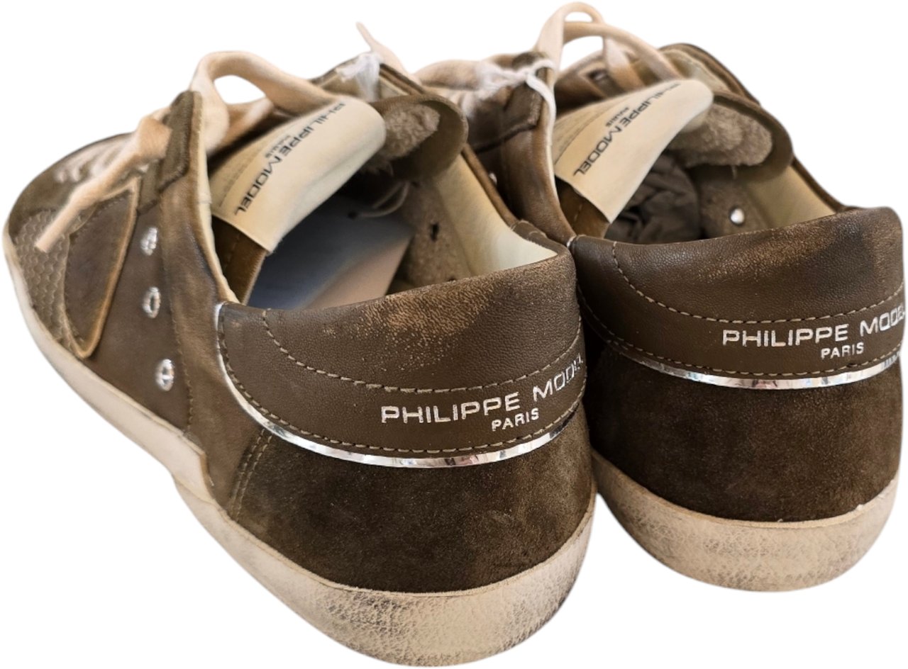 Philippe Model Sneakers cuir vieilli taupe vert Paris low Philippe Model Homme baskets PRLU XP10 Bruin