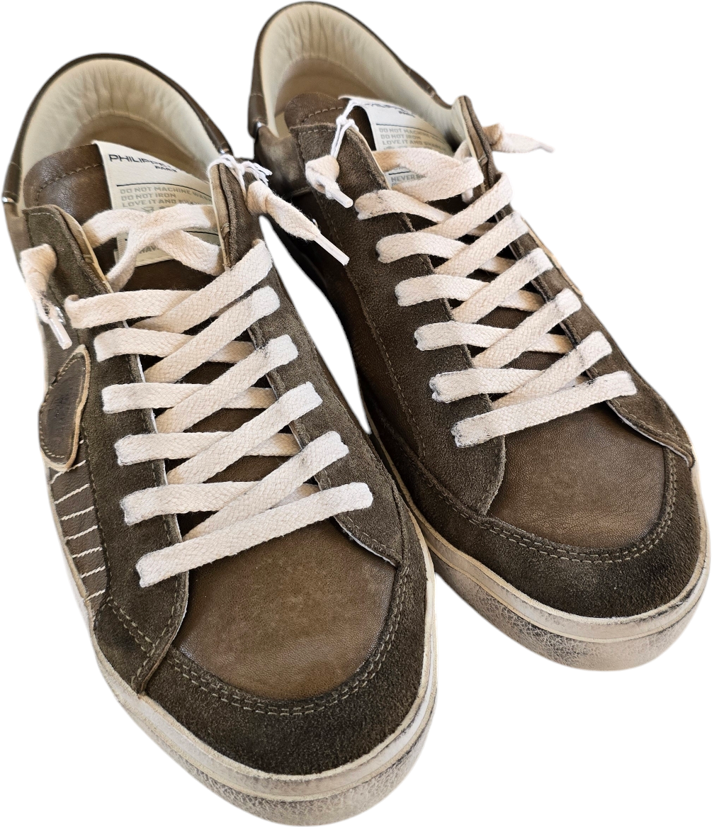 Philippe Model Sneakers cuir vieilli taupe vert Paris low Philippe Model Homme baskets PRLU XP10 Bruin