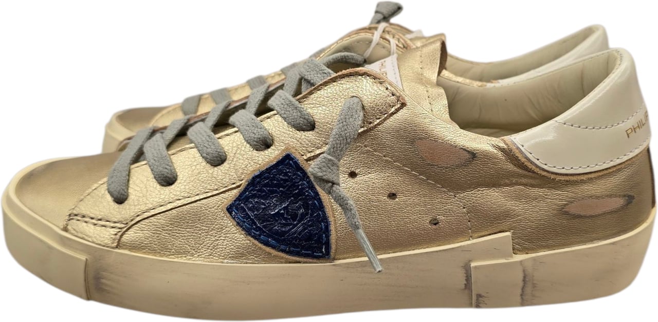 Philippe Model Sneakers Paris cuir métal gold logo rouge et bleu Philippe Model Femme PRLD MF01 baskets Goud