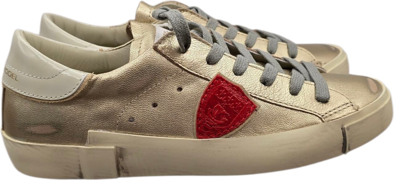 Philippe Model Sneakers Paris cuir métal gold logo rouge et bleu Philippe Model Femme PRLD MF01 baskets Goud