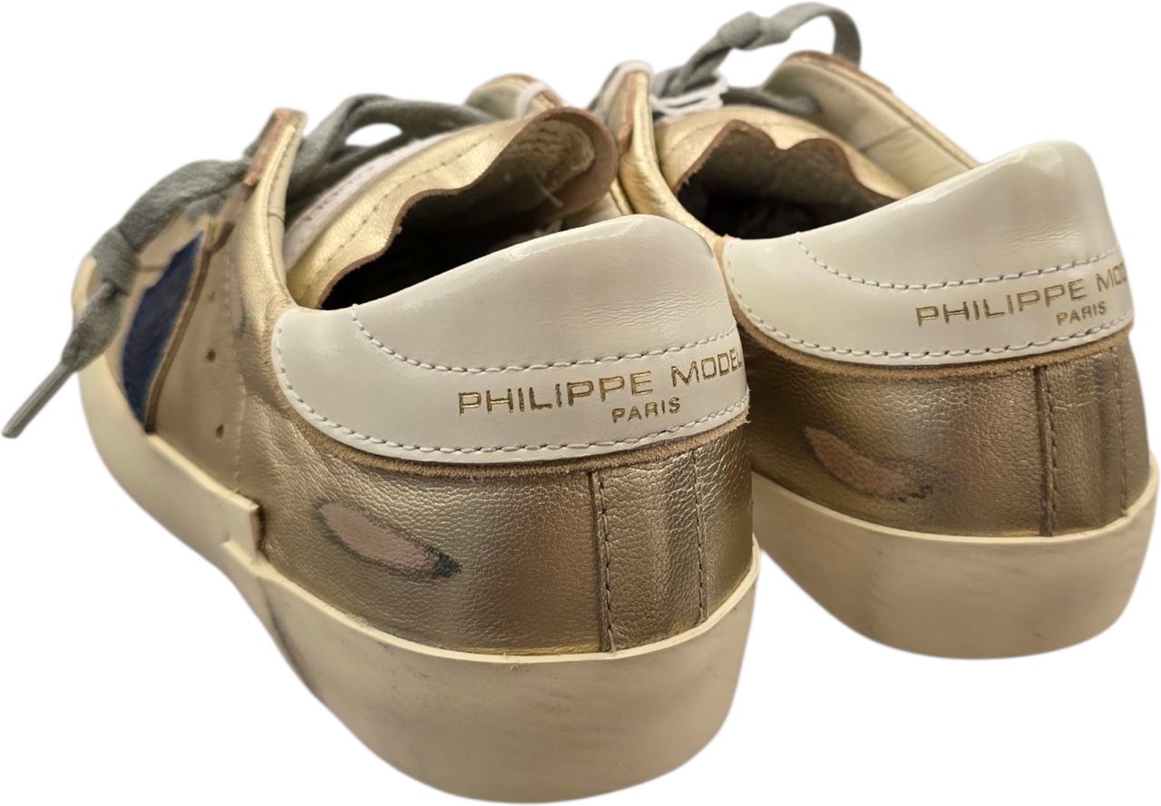 Philippe Model Sneakers Paris cuir métal gold logo rouge et bleu Philippe Model Femme PRLD MF01 baskets Goud