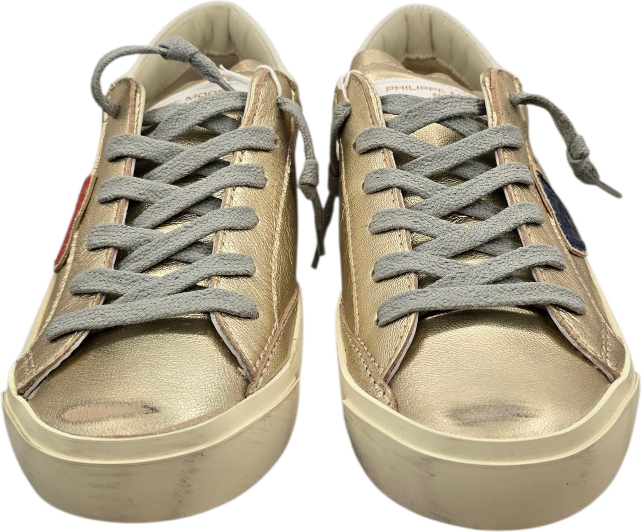 Philippe Model Sneakers Paris cuir métal gold logo rouge et bleu Philippe Model Femme PRLD MF01 baskets Goud