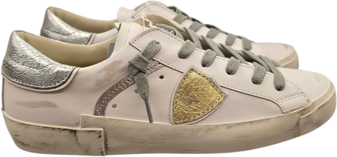 Philippe Model Sneakers Paris cuir blanc spoiler argent logo gold Philippe Model Femme PRLD VM04 baskets Wit