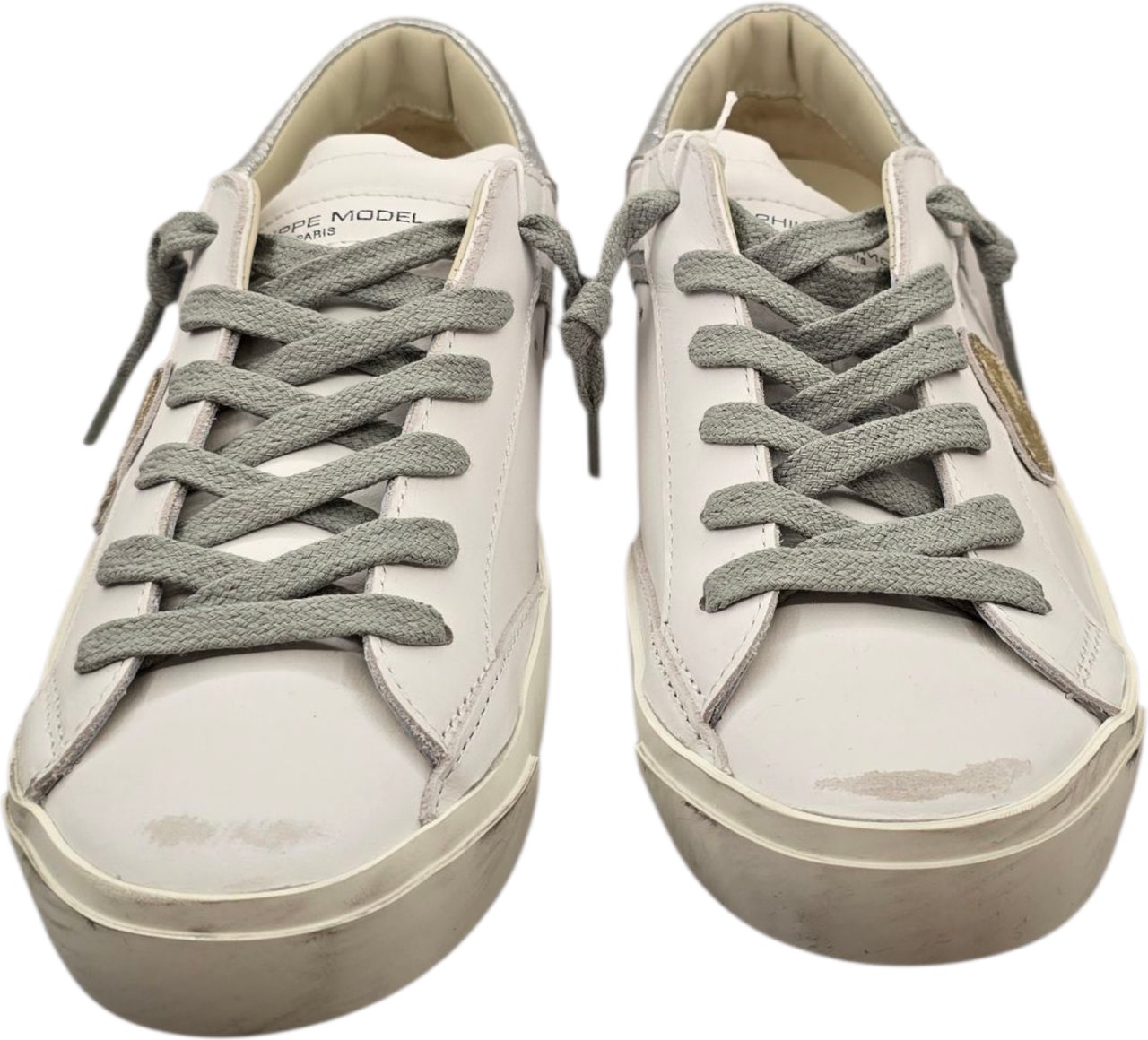 Philippe Model Sneakers Paris cuir blanc spoiler argent logo gold Philippe Model Femme PRLD VM04 baskets Wit