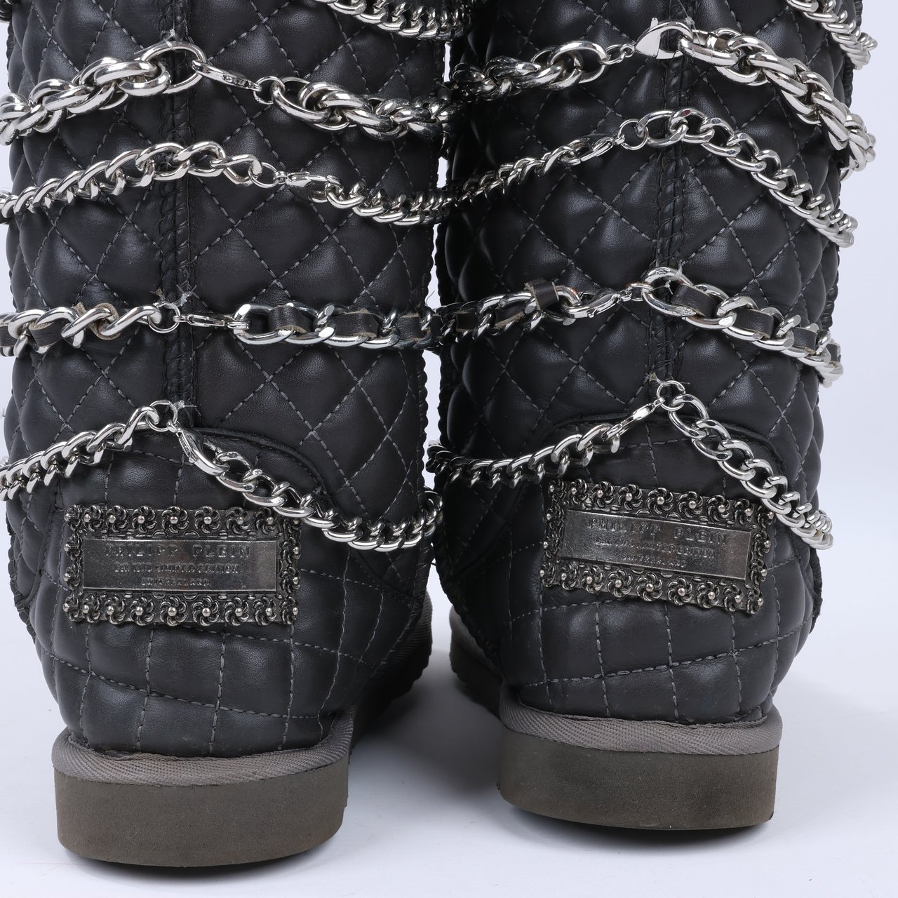 Philipp Plein Philipp Plein Leather Ankle Boots Silver Metal Accessories with Skull Chains, Size 37 EU Grijs