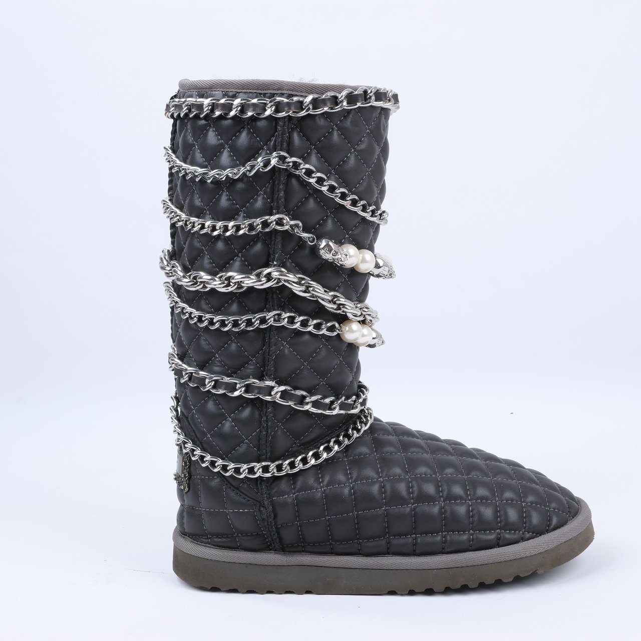 Philipp Plein Philipp Plein Leather Ankle Boots Silver Metal Accessories with Skull Chains, Size 37 EU Grijs