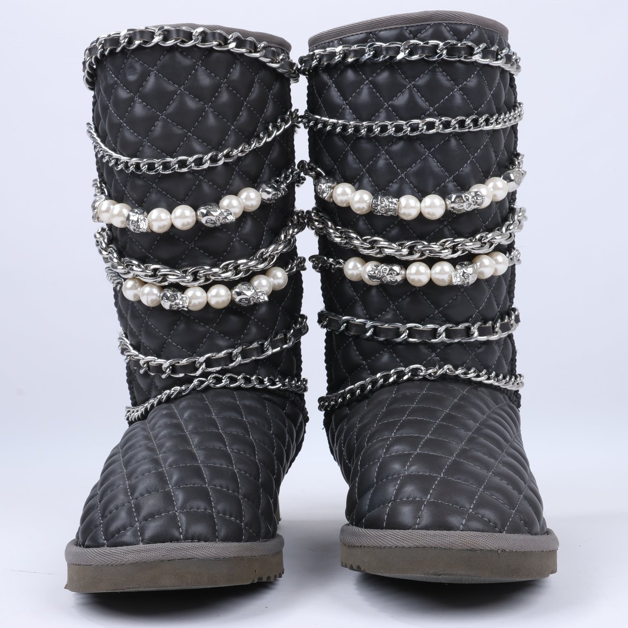 Philipp Plein Philipp Plein Leather Ankle Boots Silver Metal Accessories with Skull Chains, Size 37 EU Grijs