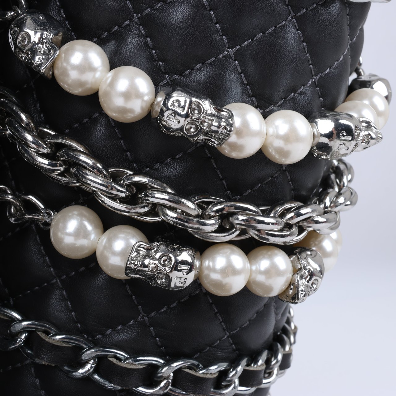 Philipp Plein Philipp Plein Leather Ankle Boots Silver Metal Accessories with Skull Chains, Size 37 EU Grijs