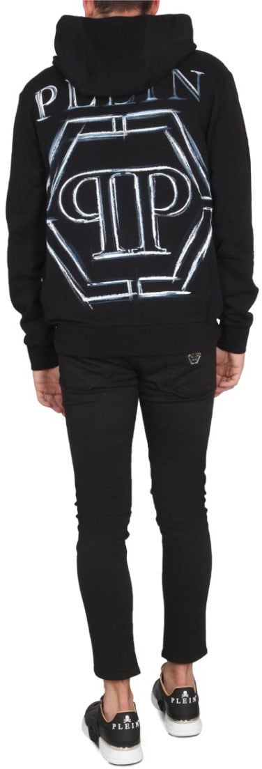 Philipp Plein Black Graphic Hoodie With Hooded Neckline Zwart