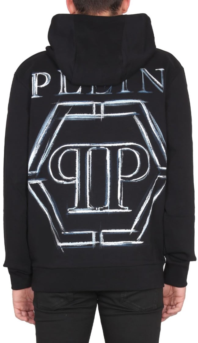 Philipp Plein Black Graphic Hoodie With Hooded Neckline Zwart
