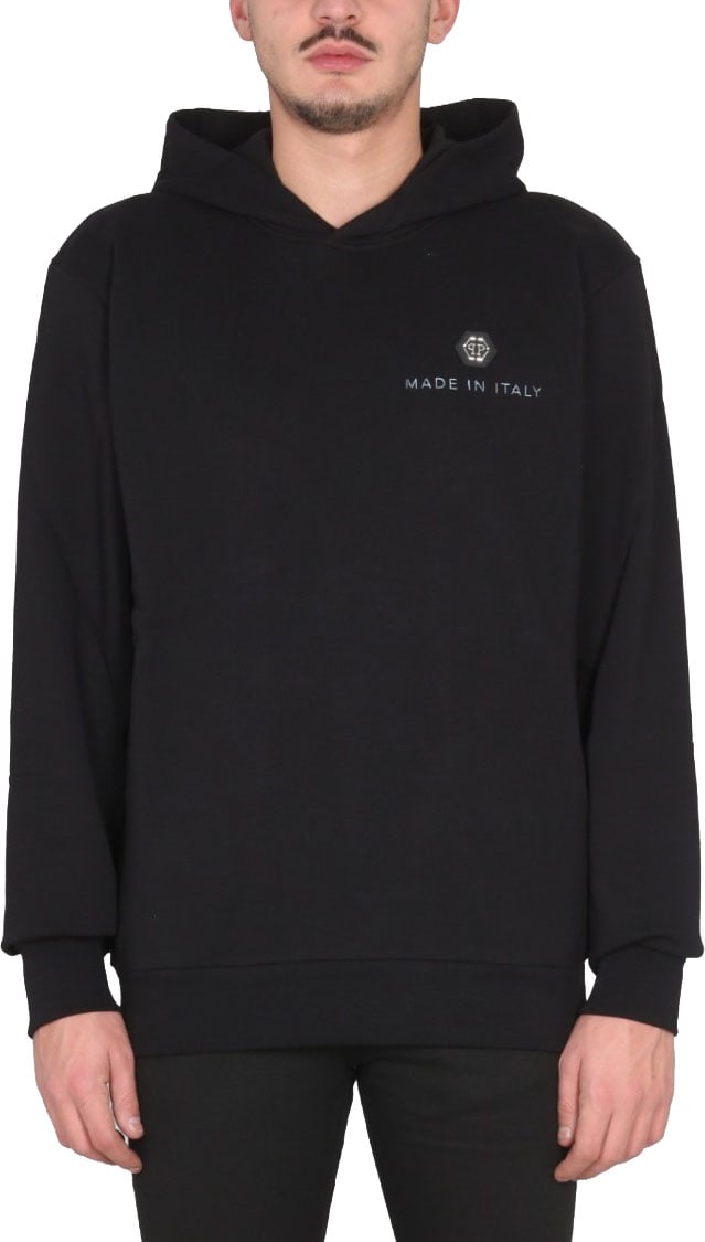 Philipp Plein Black Graphic Hoodie With Hooded Neckline Zwart