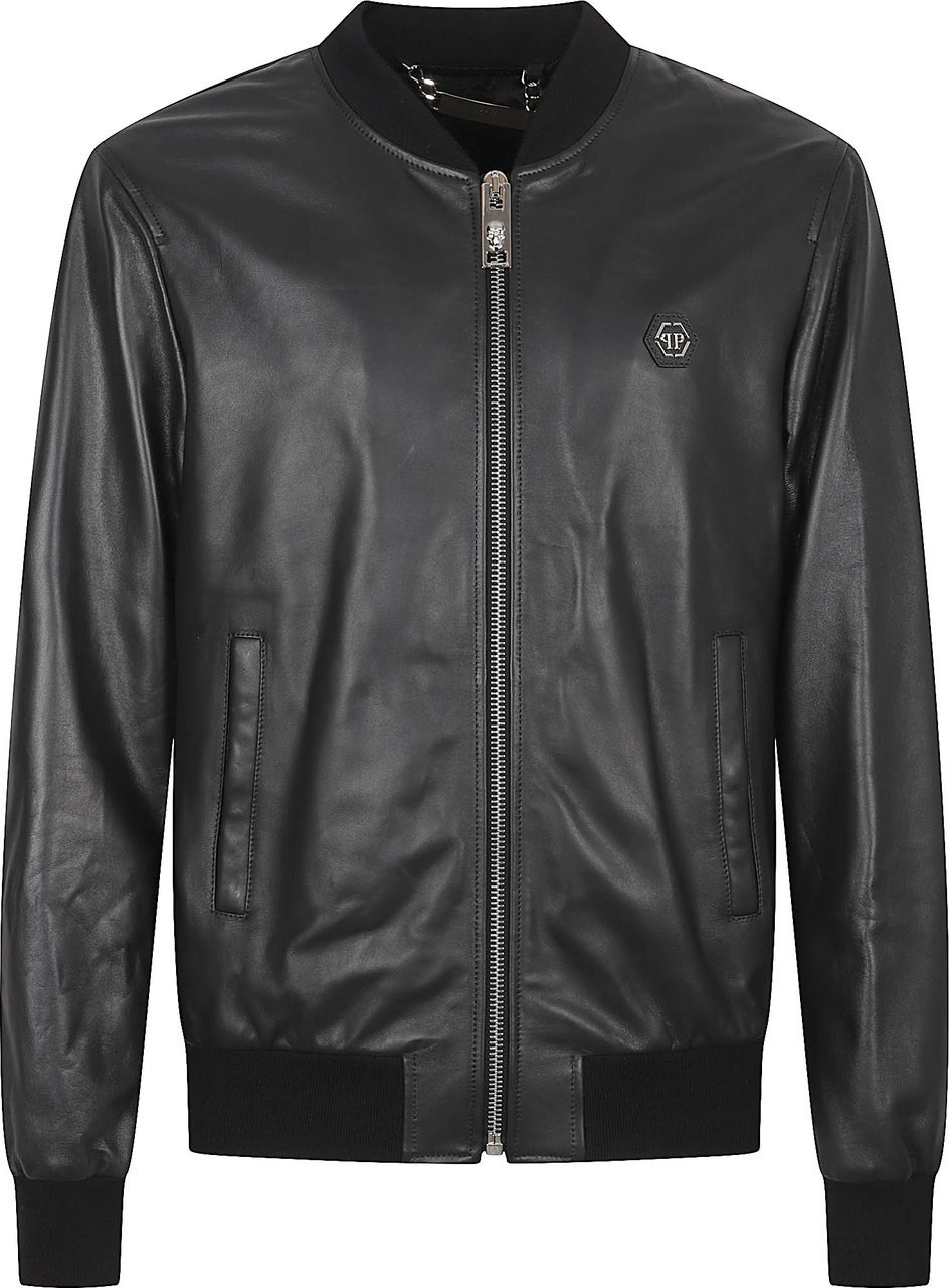 Philipp Plein Bomber Jacket In Smooth Sheepskin Leather Grijs