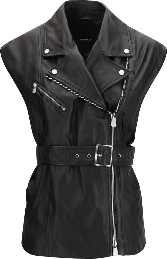 PINKO Black Goatskin Sleeveless Jacket Zwart