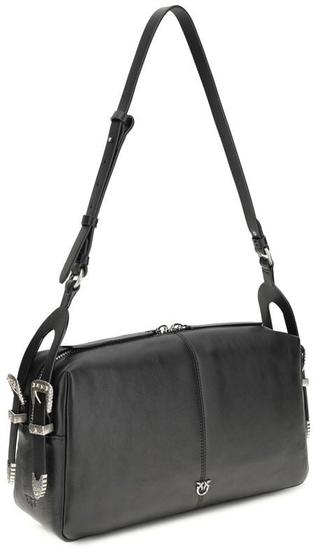 Pinko PINKO Black Calf Leather Bos Taurus Shoulder Bag Zwart