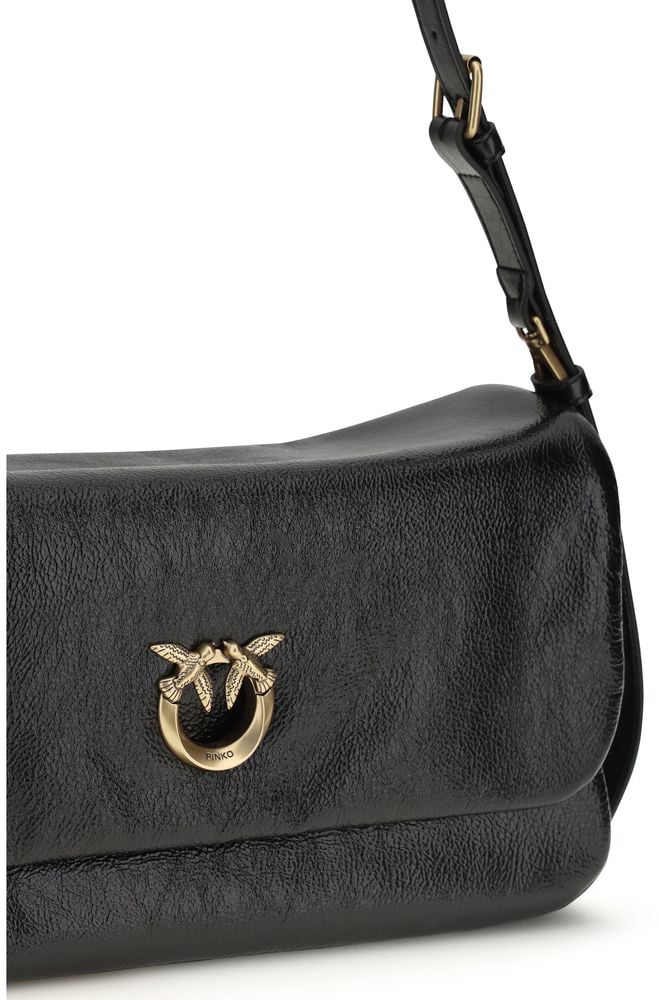 Pinko PINKO Black Calf Leather Bos Taurus Shoulder Bag Zwart
