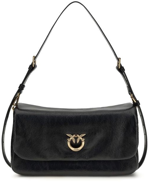 Pinko PINKO Black Calf Leather Bos Taurus Shoulder Bag Zwart