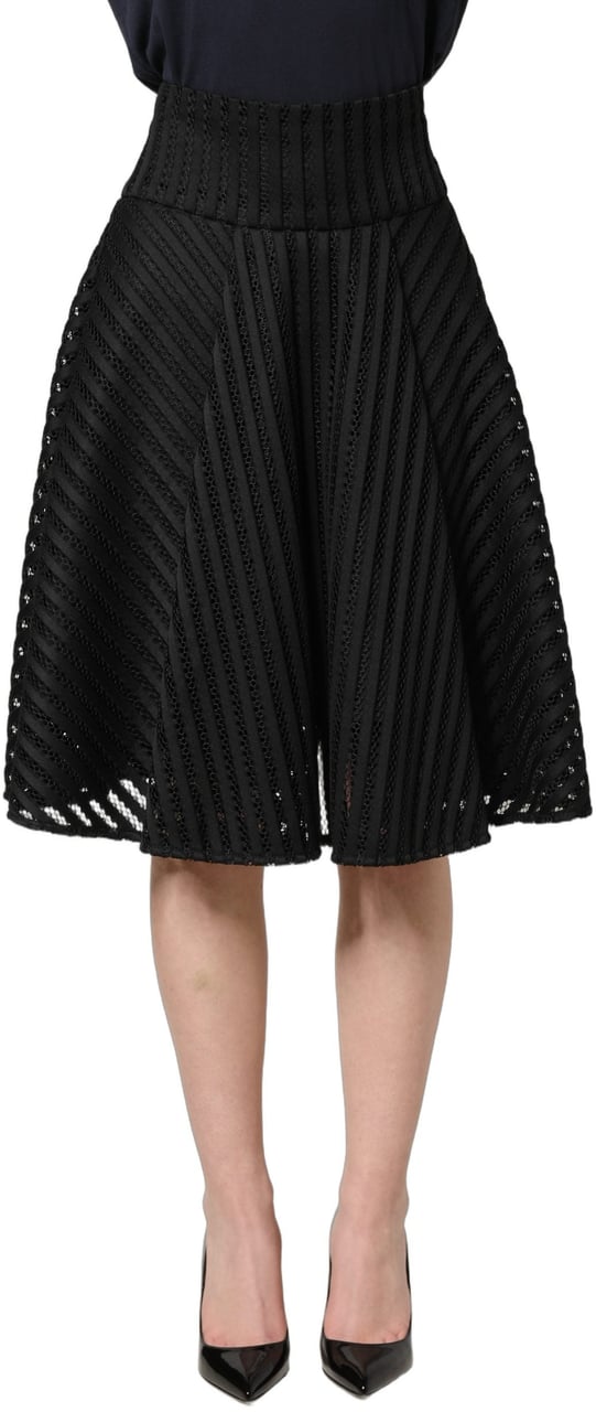 PINKO Cotton Striped Flared Silhouette Aline Midi Black Zwart