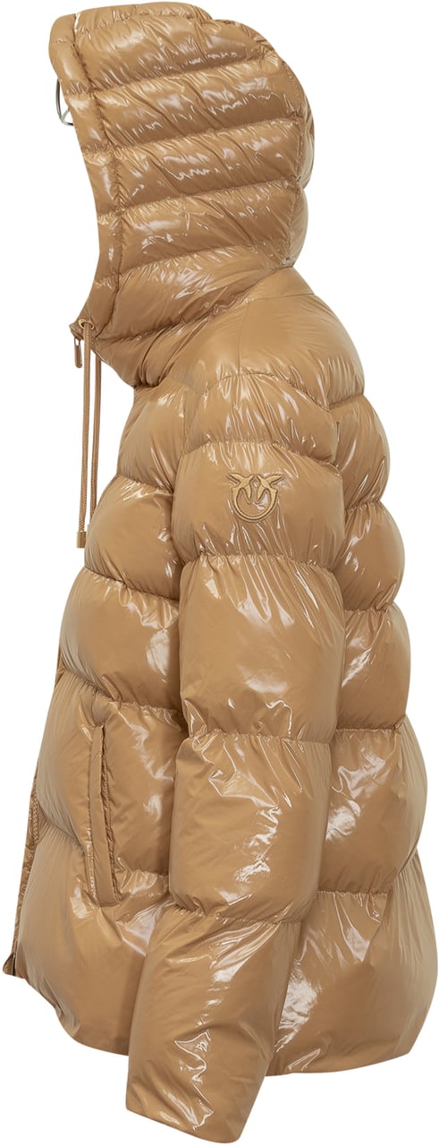 Pinko Pinko Piumino Lucido Cammello con Cappuccio Beige
