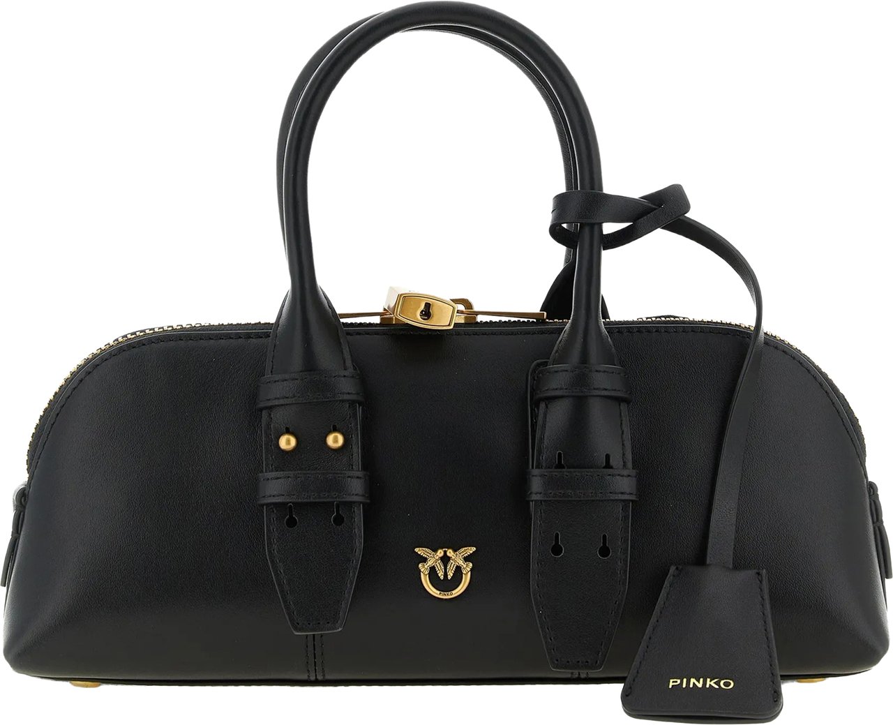 Pinko Black Bowling Bag Horizontal Leather Handbag Zwart