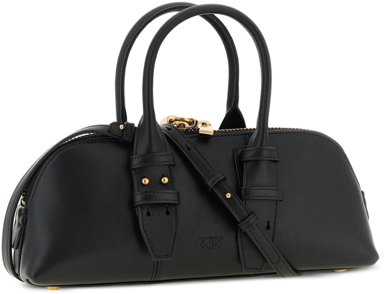 Pinko Black Bowling Bag Horizontal Leather Handbag Zwart
