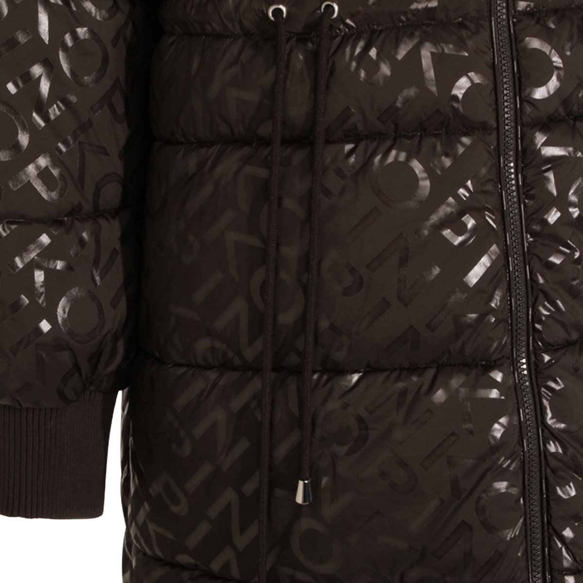 Pinko Long Padded Coat With Quilted Design And Glossy Monogram Zwart