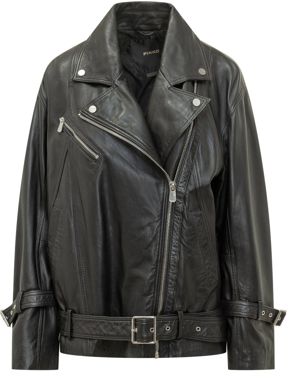 Pinko Giacca biker in pelle con cintura Zwart
