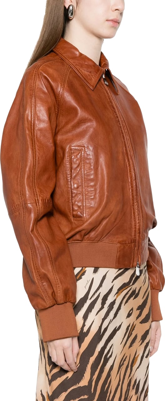 Pinko Brown Barbra Bomber Leather Jacket Bruin