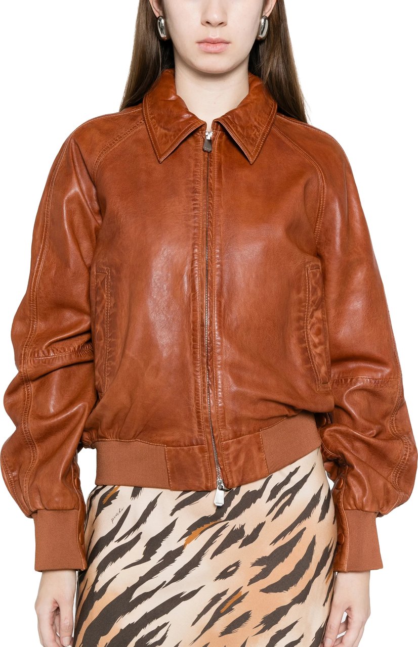 Pinko Brown Barbra Bomber Leather Jacket Bruin