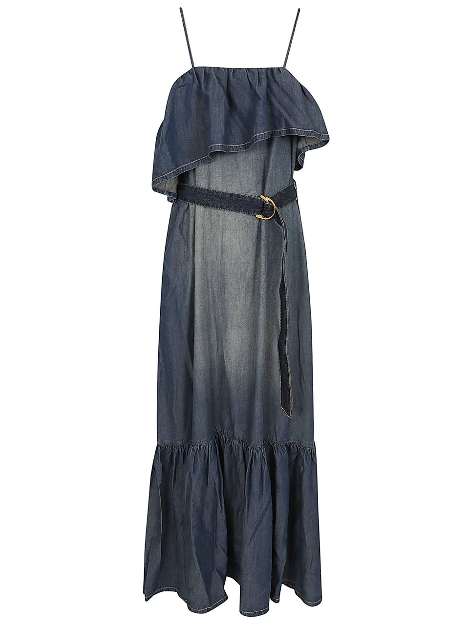 Pinko Maxi Dress with Ruffle Bodice and Adjustable Straps Blauw