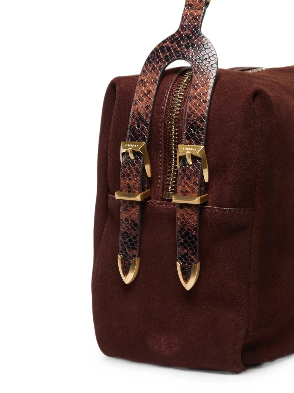 Pinko Structured Brown Suede Handbag with Snakeskin Accents Zwart