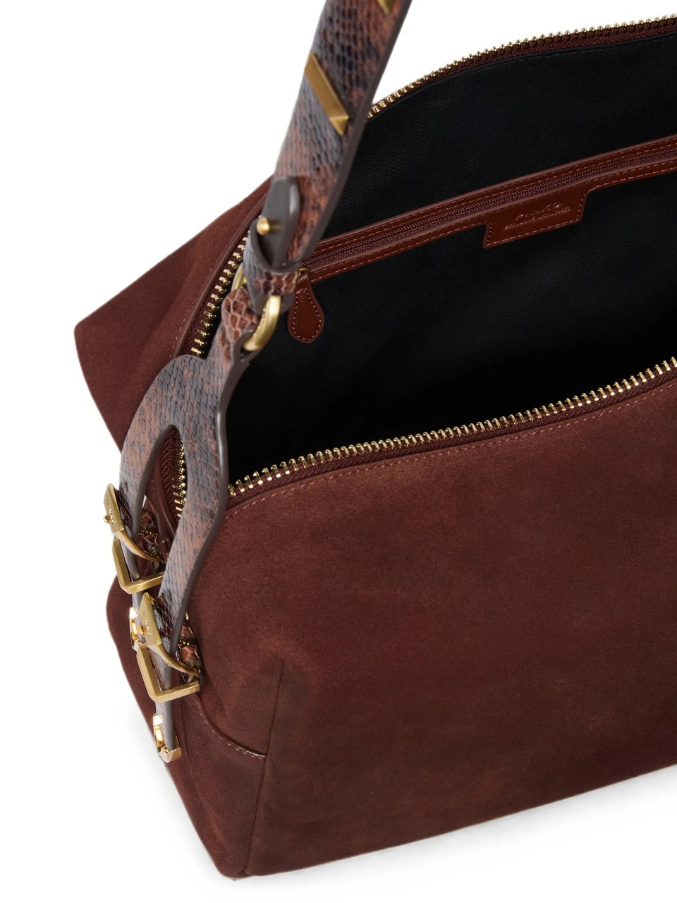 Pinko Structured Brown Suede Handbag with Snakeskin Accents Zwart