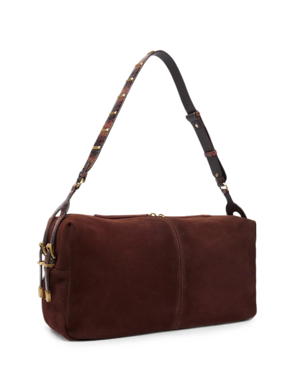 Pinko Structured Brown Suede Handbag with Snakeskin Accents Zwart