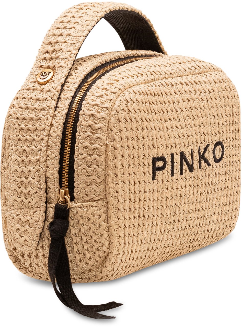 Pinko Pochette Necessaire in Rafia con Zip e Logo Beige